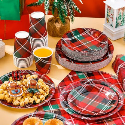 Domensi Plaid Christmas Party Supplies Set for 50 Guests - Paper Plates, Cups & Napkins