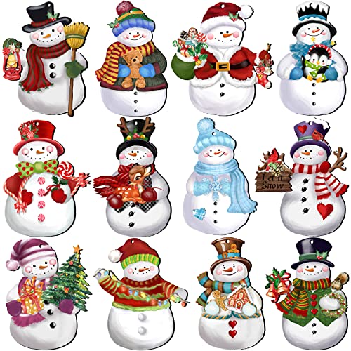 24 Pieces Christmas Snowman Wooden Ornaments Set - Holiday Hanging Decor with Hemp Rope - Xmas Crafts & Tree Decorations - Variation of Xmas-Snowman-A