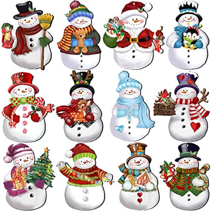 24 Pieces Christmas Snowman Wooden Ornaments Set - Holiday Hanging Decor with Hemp Rope - Xmas Crafts & Tree Decorations - Variation of Xmas-Snowman-A