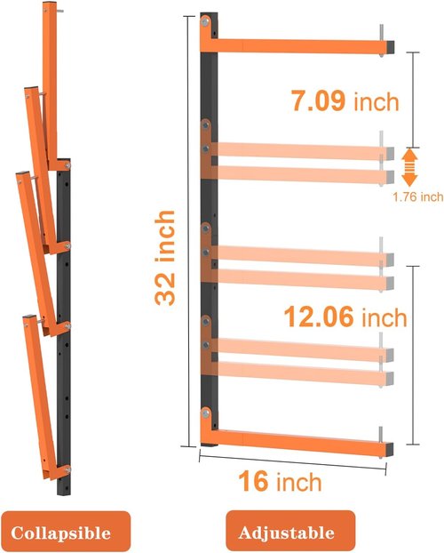 Heavy Duty Metal Lumber Storage Rack by [Brand Name] - 8-Level Wall Mount Design for Garage Organization | 32-Inch