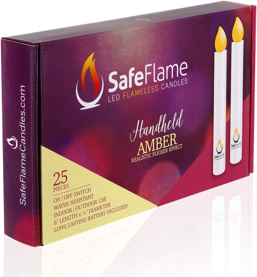 SafeFlame LED Flickering Handheld Candles - Batteries Included - Easy On/Off Switch | Box of 25 (Amber)