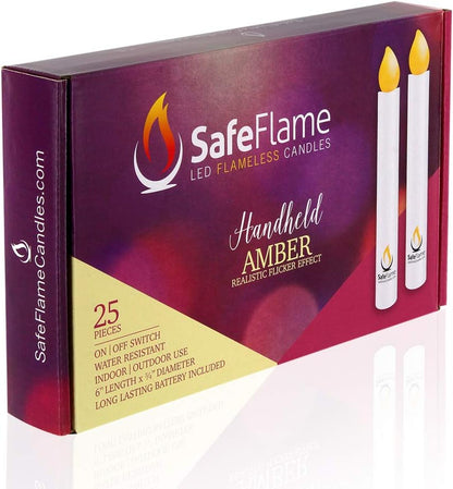 SafeFlame LED Flickering Handheld Candles - Batteries Included - Easy On/Off Switch | Box of 25 (Amber)