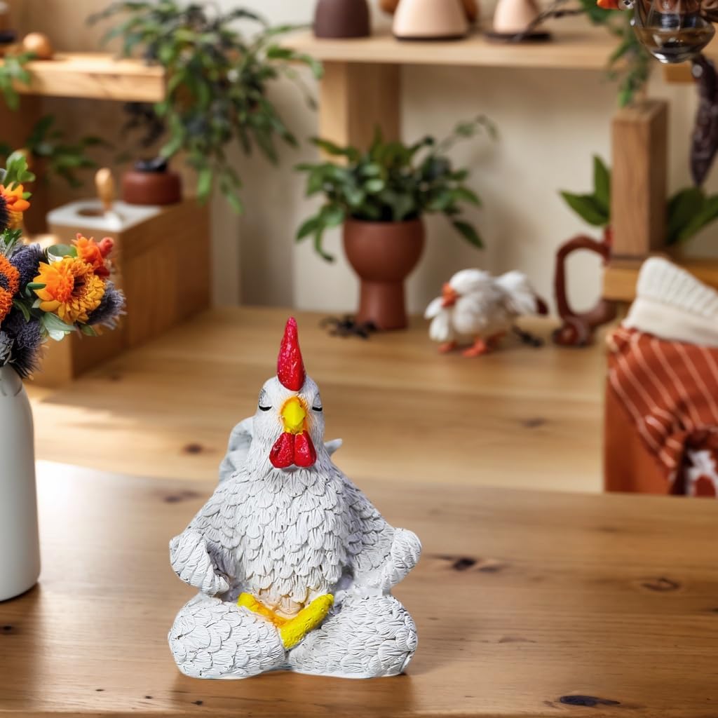 Regine Switzerland Funny White Rooster Statue - Handcrafted Resin Chicken Figurine in Yoga Pose | Vibrant Country Decor