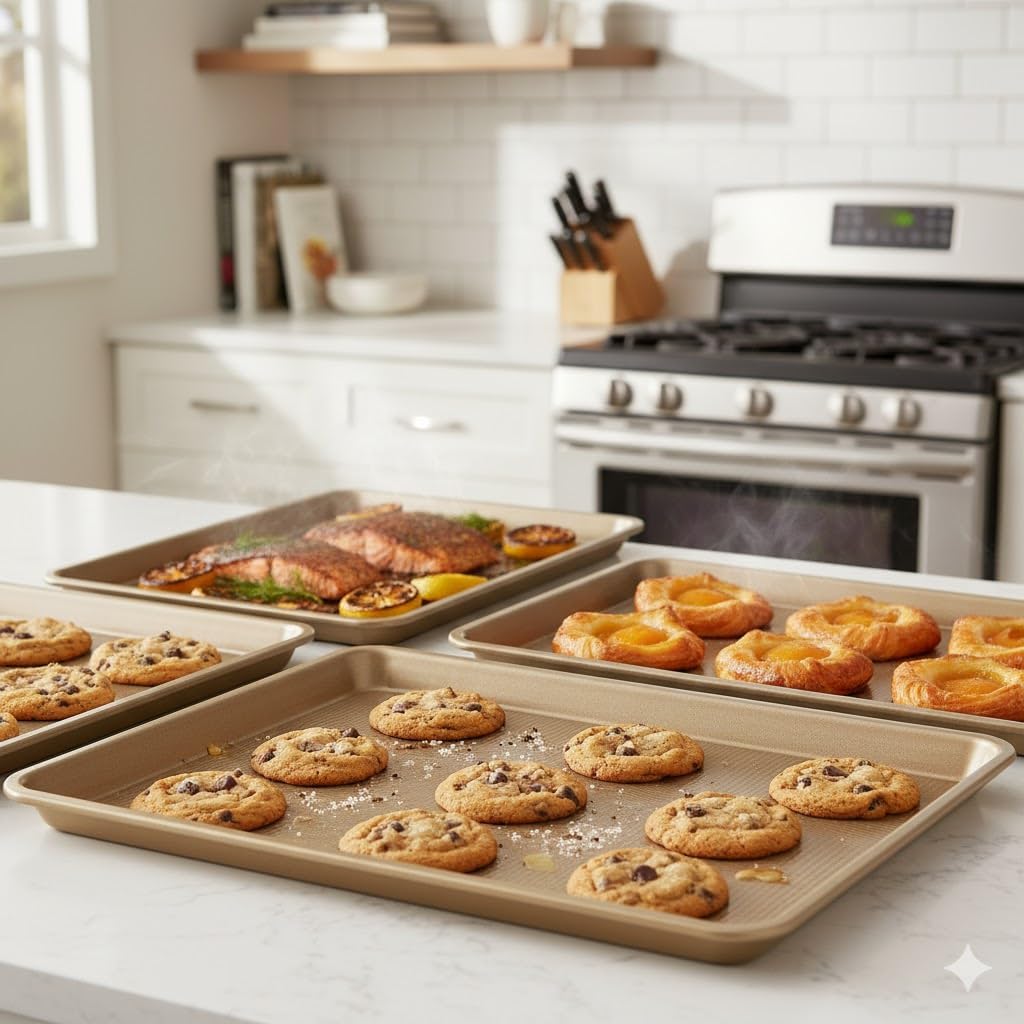 Skiennix Baking Sheet Pan Set of 3 - Nonstick Cookie Sheets | Heavy-Duty Carbon Steel | Rust-Free & Toxic-Free