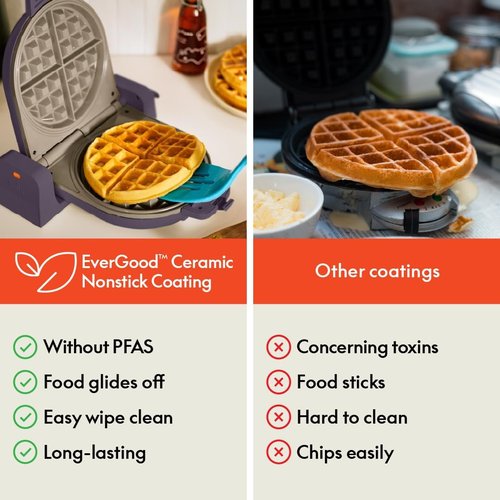 Bella Waffle Maker - EverGood™ Ceramic Nonstick Coating, Compact Design, 1000 Watt, Plum Color