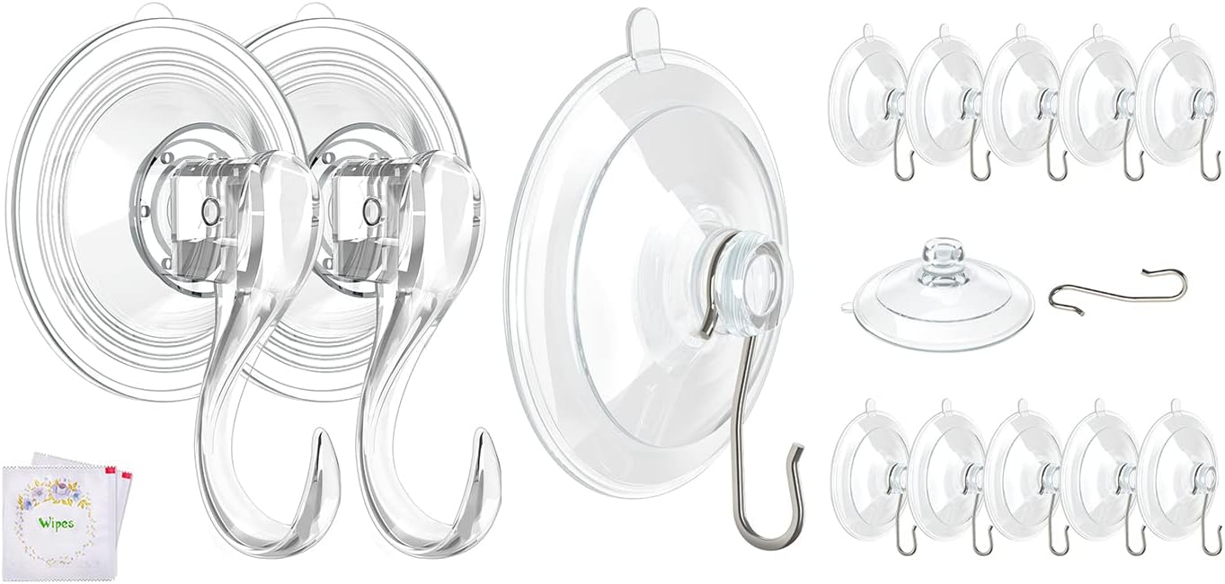 VIS'V Large Suction Cup Hooks - 2 Pcs with 12 Pcs Small Metal Hooks | Strong Hold & Versatile Use