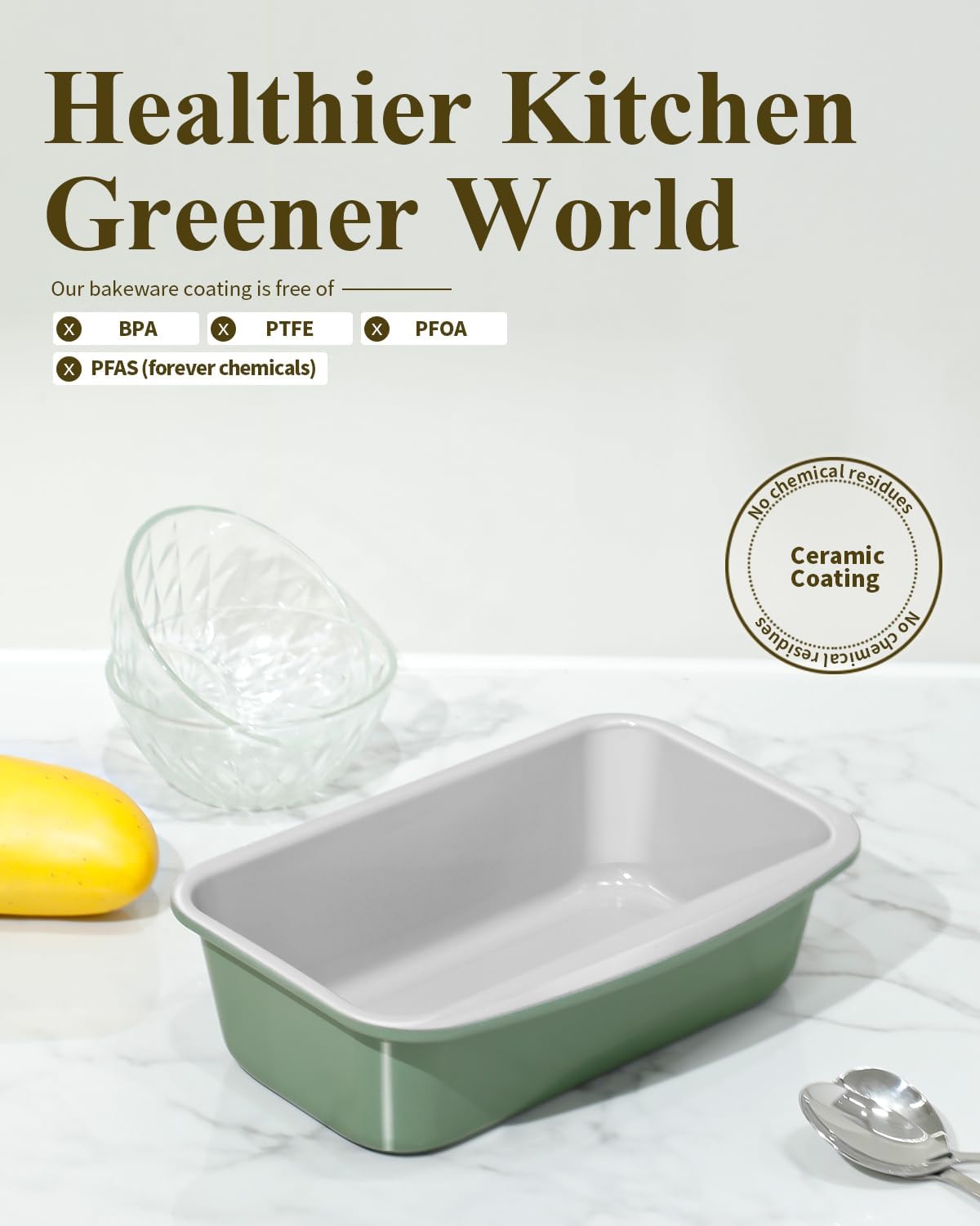 Skiennix Non-Stick Bread Loaf Pan - 9x5 Inch Ceramic Coating, Oven Safe to 550°F, Dishwasher Safe | Pistachio Green