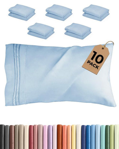 King Pillow Cases Set of 10 - Ultra Soft Hotel Quality Pillowcase Covers - Comfy. Cozy & Wrinkle Free - Shrink, Stain and Fade Resistant - Machine Washable Pillow Protectors - 10 Pcs Set - Light Blue
