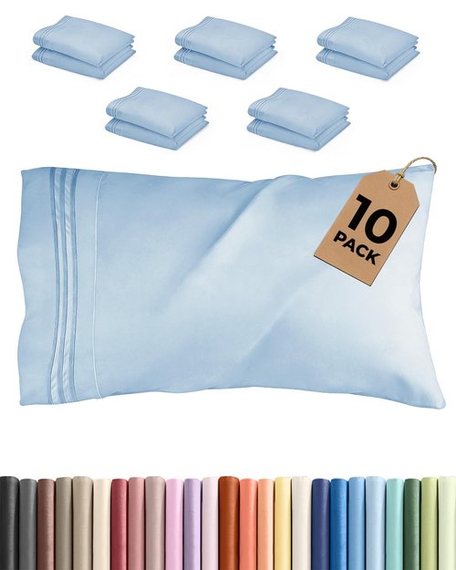 King Pillow Cases Set of 10 - Ultra Soft Hotel Quality Pillowcase Covers - Comfy. Cozy & Wrinkle Free - Shrink, Stain and Fade Resistant - Machine Washable Pillow Protectors - 10 Pcs Set - Light Blue