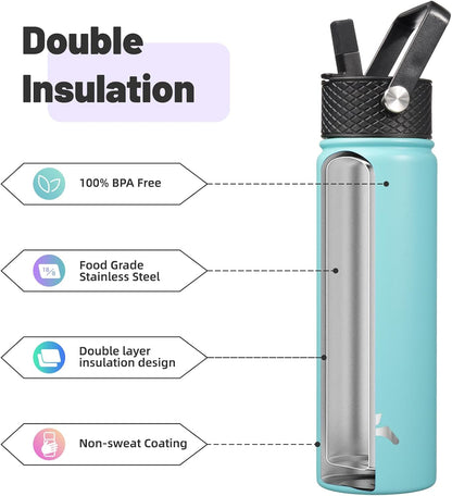 Skiennix 22oz Stainless Steel Water Bottle - Insulated with 3 Lids | Turquoise Color