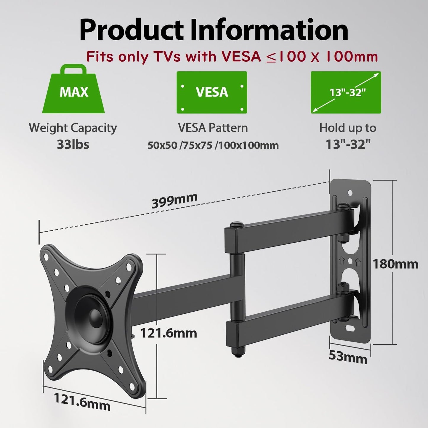 USX MOUNT Full Motion TV Wall Mount - Universal Corner Bracket for 13-32 Inch TVs | Swivel & Tilt, VESA 100x100mm, Up to 33LBS