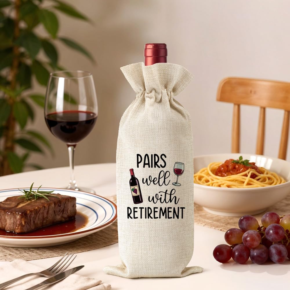Pairs Well With Retirement Canvas Wine Tote Bag, Funny Retirement Farewell Gifts for Retiree Colleague Leader Boss Mentor Wine Lover, Retirements Party Wine Bottle Gift Bag with Drawstring