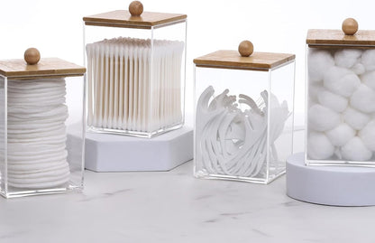 Tbestmax Cotton Swab Holder - Clear Apothecary Jar with Wood Lids | 12 OZ Bathroom Storage (4 Pack)