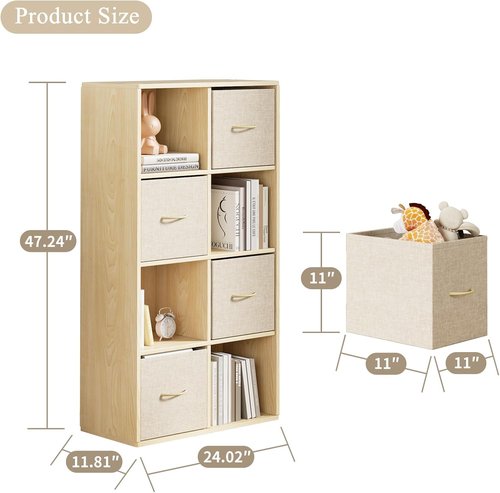 EXPERLAM 8 Cube Storage Organizer - Solid Wood Bookshelf with 4 Bins | Versatile Vertical/Horizontal Design
