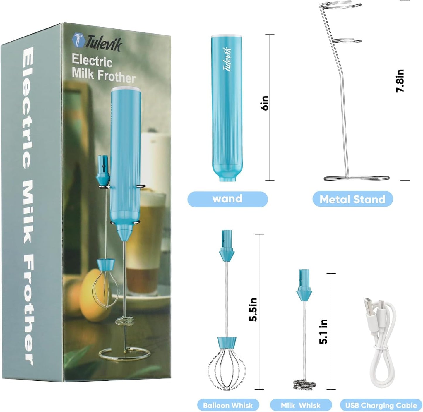 Milk Frother - Skiennix Handheld Electric Whisk with 3 Speeds & USB Rechargeable - Blue