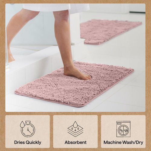 GORILLA GRIP Bath Rug Mat 44x26, Soft Absorbent Chenille, Quick Dry Microfiber Mats, Rubber Backing Washable Shower Floor Rugs, Bathmat Runner, US Designed Bathroom Home Decor Accessories Dusty Rose