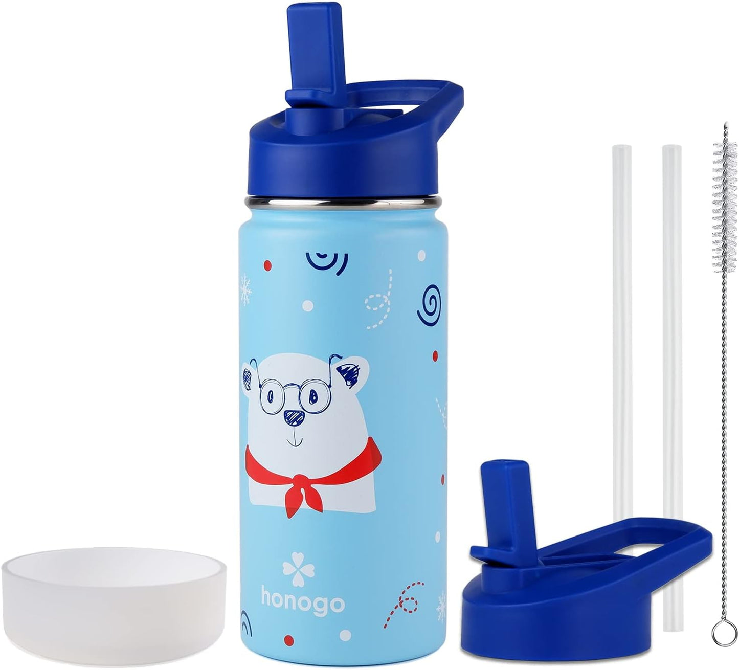 Skiennix 16 oz Stainless Steel Insulated Kids Water Bottle - Leak Proof Thermal Flask with Straw Lid | Cute Blue Bear Design for School
