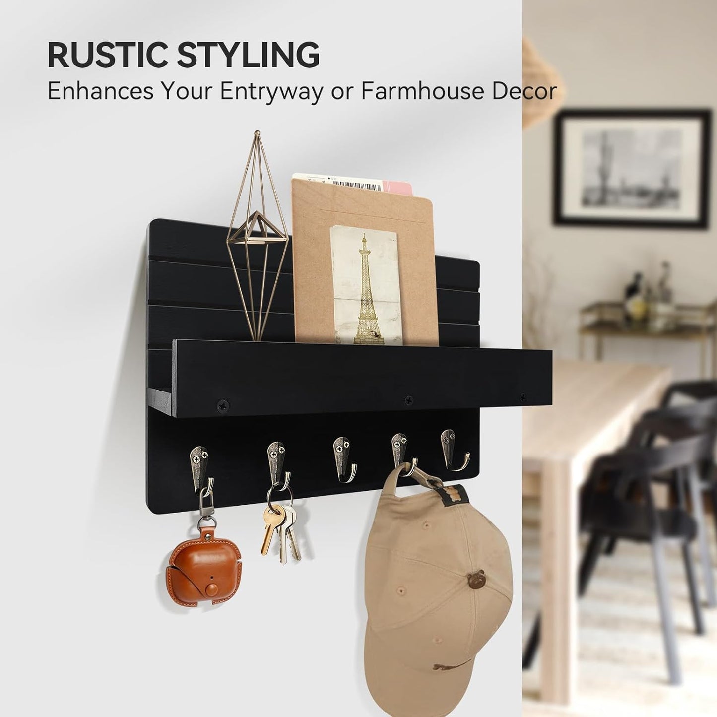 Regine Switzerland Key Holder Wall Mount - Rustic Wooden Key Rack with Shelf & 5 Sturdy Hooks for Entryway Organization