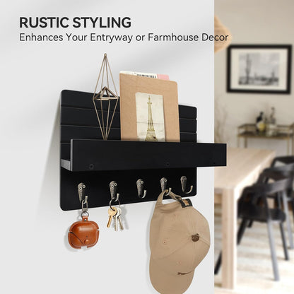 Regine Switzerland Key Holder Wall Mount - Rustic Wooden Key Rack with Shelf & 5 Sturdy Hooks for Entryway Organization