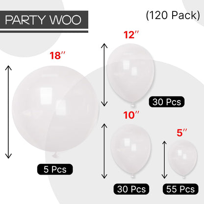 PartyWoo Clear Balloons - 120-Piece Transparent Balloon Arch Kit for Weddings, Graduations & Parties | 18", 12", 10", 5" Sizes