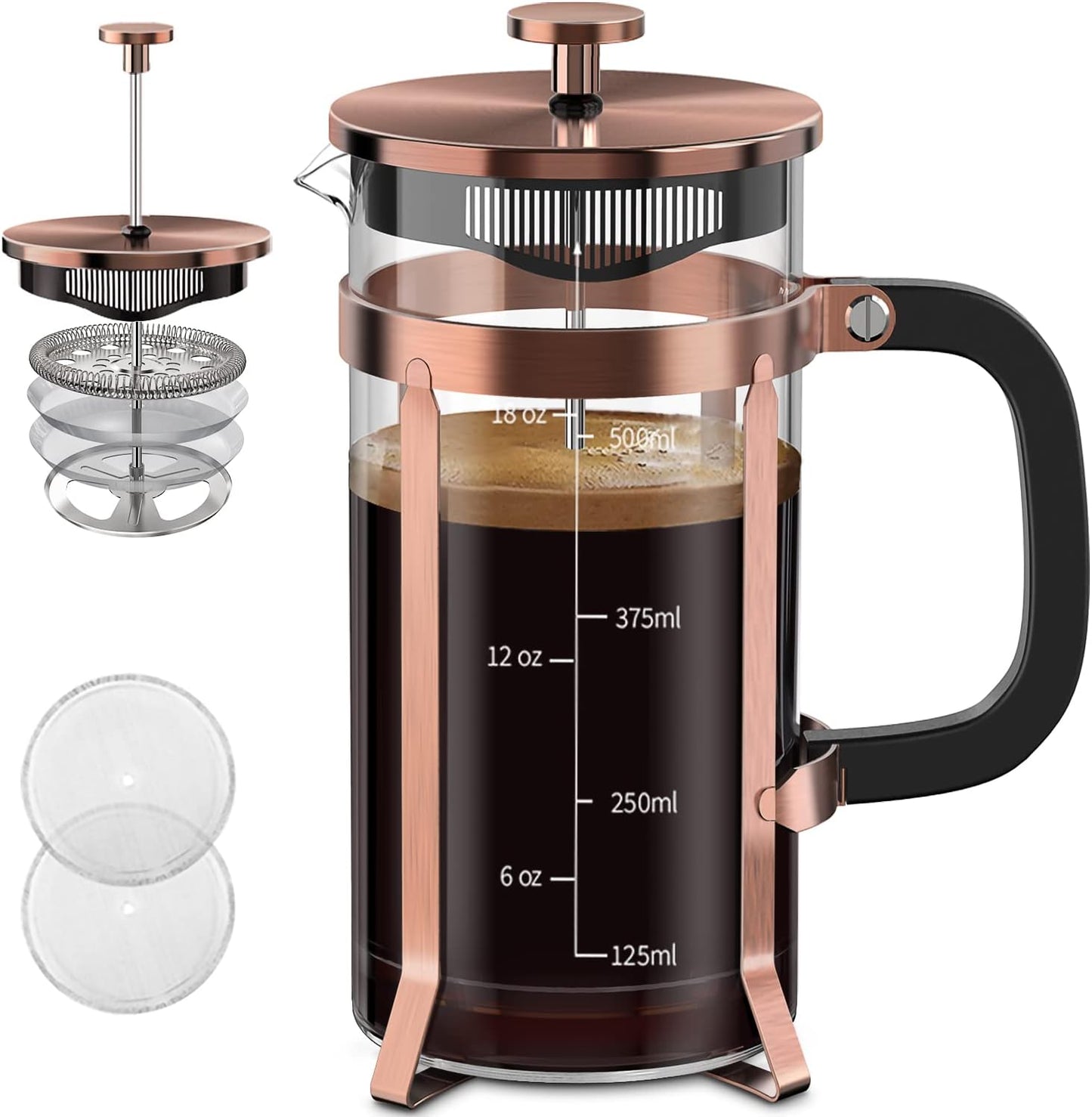 QUQIYSO Coffee Maker - 304 Stainless Steel French Press with 4 Filters | Heat Resistant, Easy to Clean, 21 oz Copper