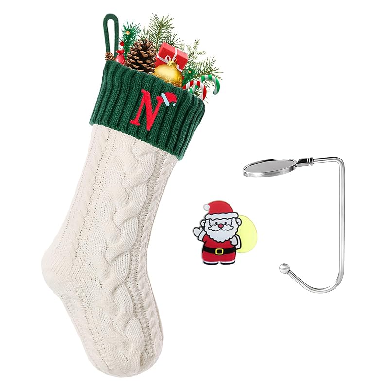 Personalized 18 Inch Knitted Christmas Stocking with Initials N – White & Green, Embroidered Monogram