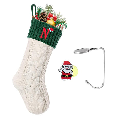Personalized 18 Inch Knitted Christmas Stocking with Initials N – White & Green, Embroidered Monogram