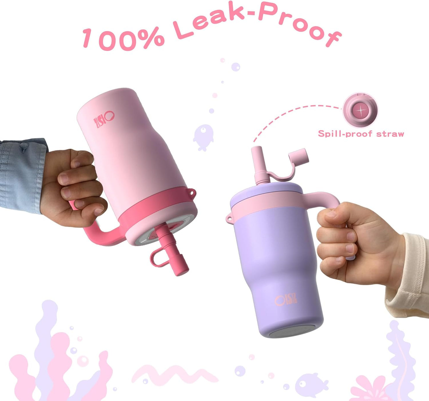 OISIZ 14oz Kids Tumbler - Leakproof Stainless Steel Cup with Straw Lid & Handle | Pink