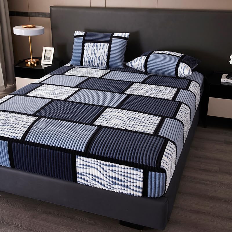 Dark Blue Geometric Large-Grid Velour Fitted Sheet Twin Size - Skin-Friendly, Soft & Anti-Slip