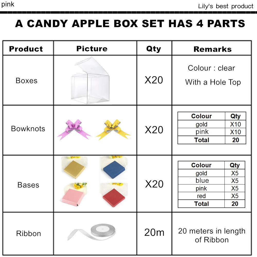 HOPELF 4"x4"x4" Clear Candy Apple Boxes Set With Hole Top for Caramel Apples, Ornaments,Treats. Pack of 61 Including Boxes X20,Bases X20,Bowknots X20,Ribbon X20m