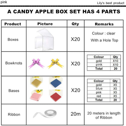 HOPELF 4"x4"x4" Clear Candy Apple Boxes Set With Hole Top for Caramel Apples, Ornaments,Treats. Pack of 61 Including Boxes X20,Bases X20,Bowknots X20,Ribbon X20m