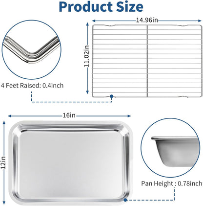 Skiennix Baking Sheet Set - 4-Piece Stainless Steel Cookie Pans with Cooling Racks | Non-Toxic, Dishwasher Safe, 16 x 12 x 1 Inch