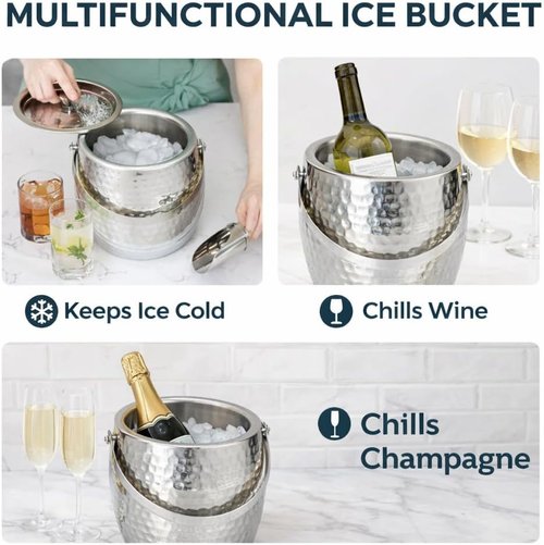BREKX 3-QT Insulated Ice Buckets for Parties with Lid and Scoop - Iceberg Anchored Wine Chiller Champagne Bucket for Cocktail Bar, Metal Bucket with Lid, Non-Sweat