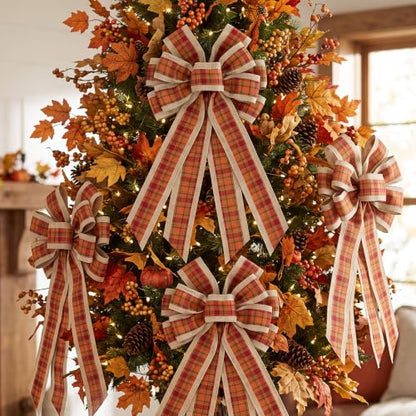 Large Fall Plaid Burlap Wreath Bow - Orange Autumn Door Decor
