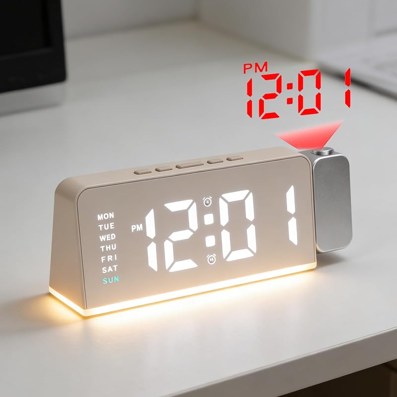 Projection Alarm Clock with 180° Rotating Projector, 3-Level Brightness, USB-C & USB Charging, Gray