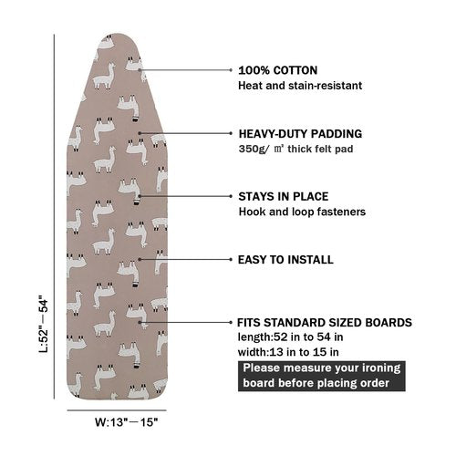 Ironing Board Cover and Pad Standard Size 15" x 54",3 Pairs of Hook and Loop Fastener Straps,Elastic Edges,Cotton Iron Board Cover with Scorch Resistant Thick Padding(Alpaca)