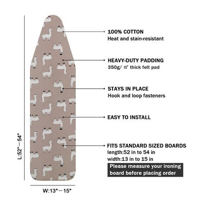 Ironing Board Cover and Pad Standard Size 15" x 54",3 Pairs of Hook and Loop Fastener Straps,Elastic Edges,Cotton Iron Board Cover with Scorch Resistant Thick Padding(Alpaca)