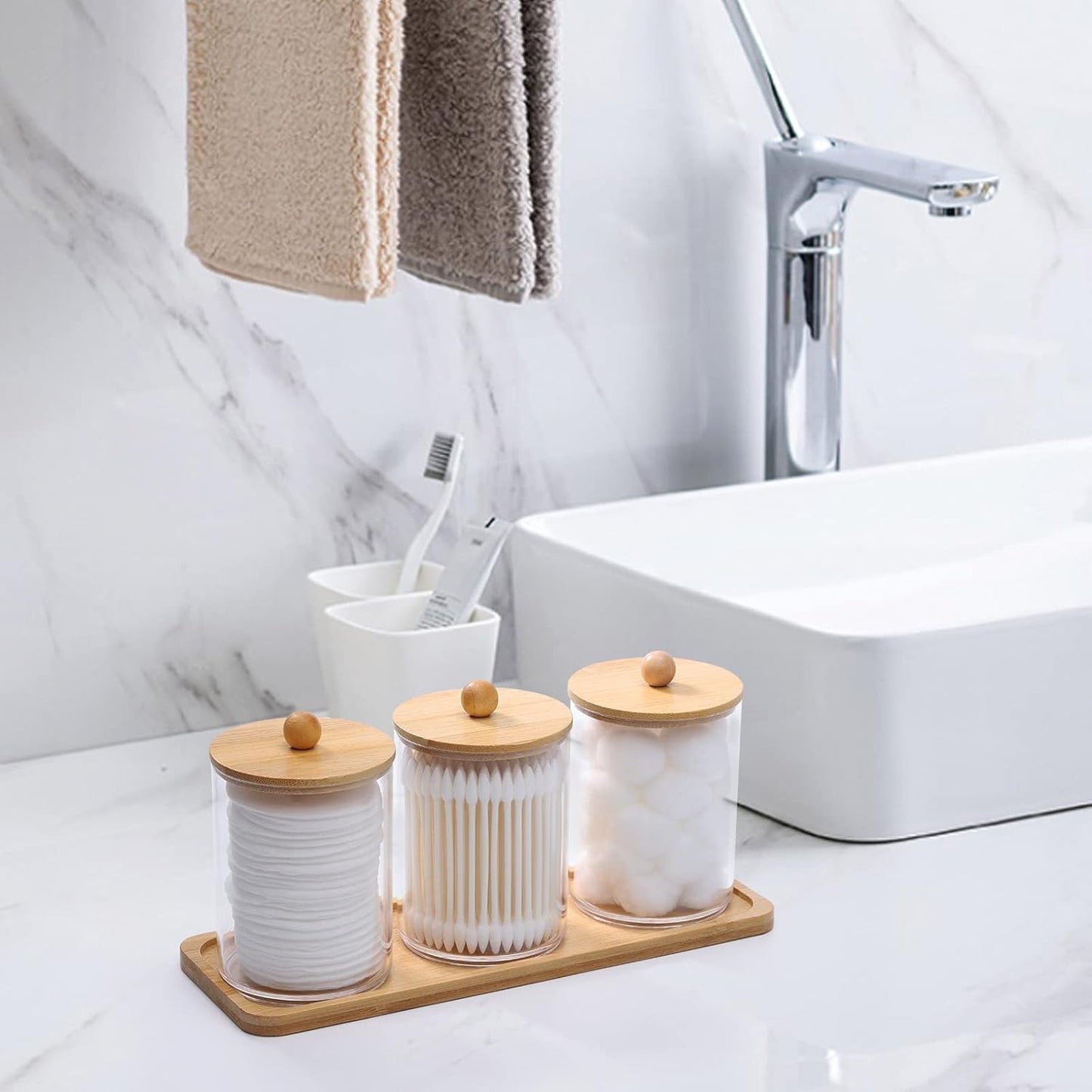 Tbestmax Cotton Swab Holder - Clear Apothecary Jar with Vanity Tray | 10 Oz, 3 Pack with Wood Lids