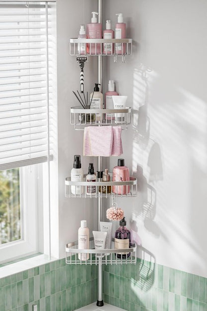 ESSEME Corner Shower Caddy - Adjustable Rustproof 4-Tier Bathroom Organizer | 47-121 Inch Quick Install Bathtub Shelves
