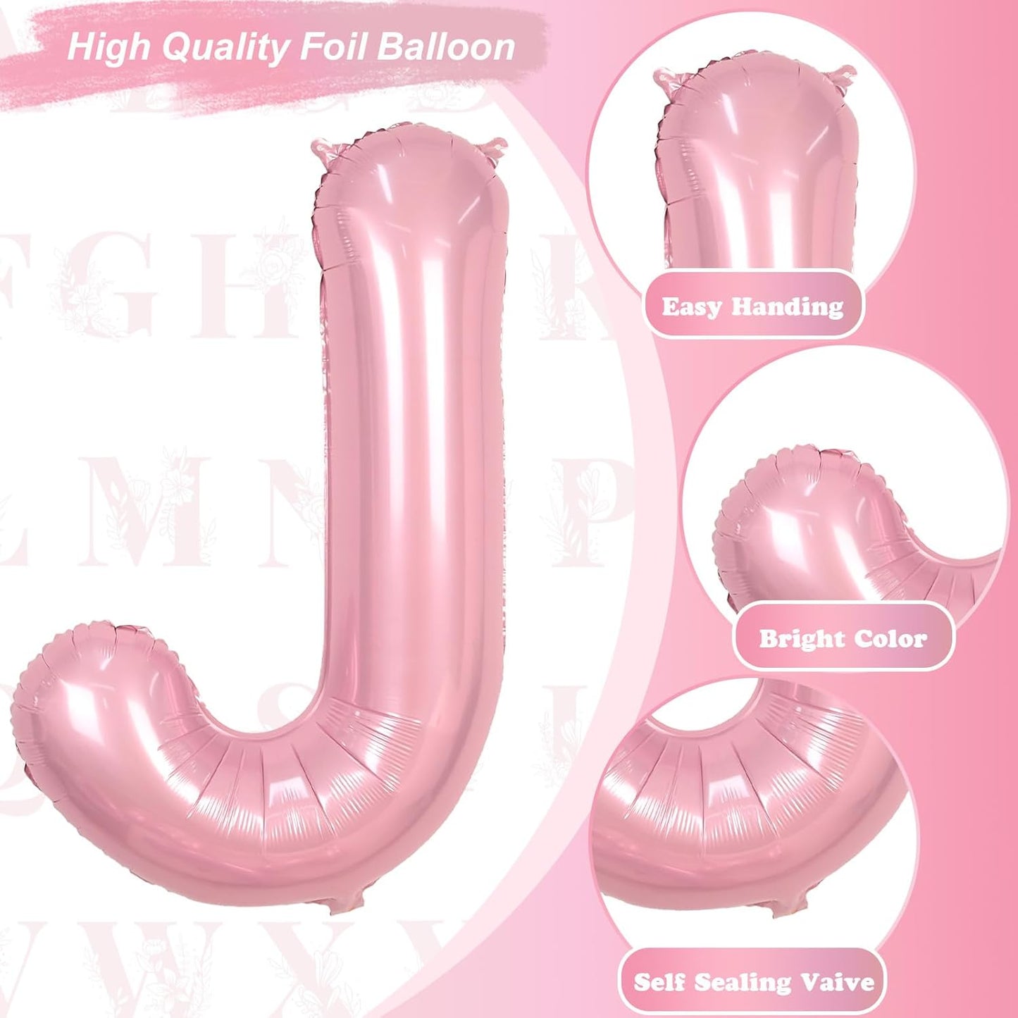 Pastel Pink Balloon - Large Mylar Alphabet J | 40-Inch Inflatable Custom Foil Balloon for Girls' Birthday Party Decor