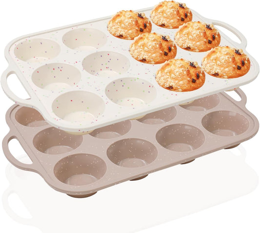 Vinino Silicone Muffin Pans - 2-Pack Nonstick Baking Molds with Metal Reinforced Frame | 12 Cups, BPA-Free