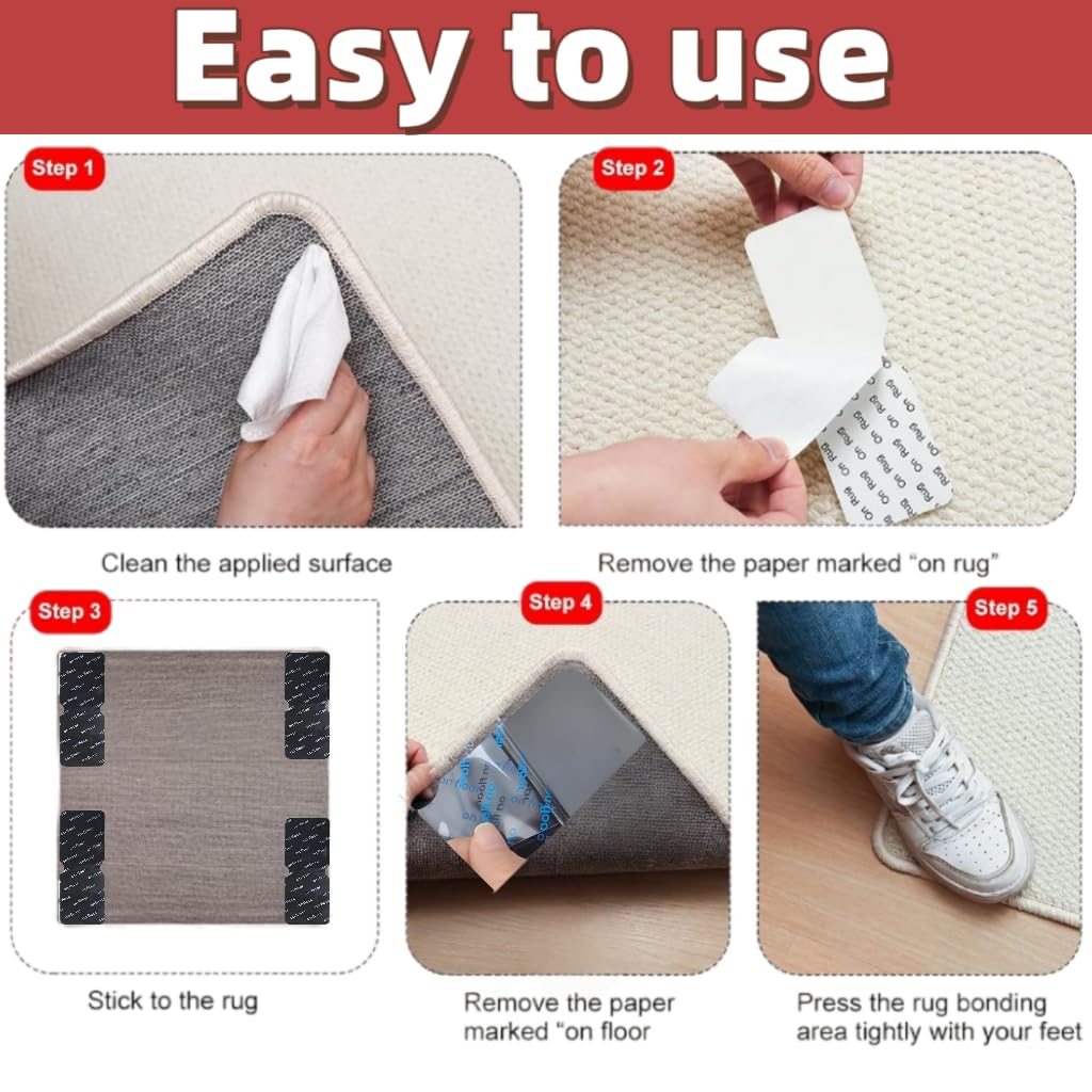Rug Carpet Non Slip Grippers, Strong Adhesive Grippers for Area Rugs,Double Sided Carpet Tape PadsKeep Corners Flat, No Damaging for Hardwood Floors and Tiles,Removable,Reusable and Washable(10pcs)