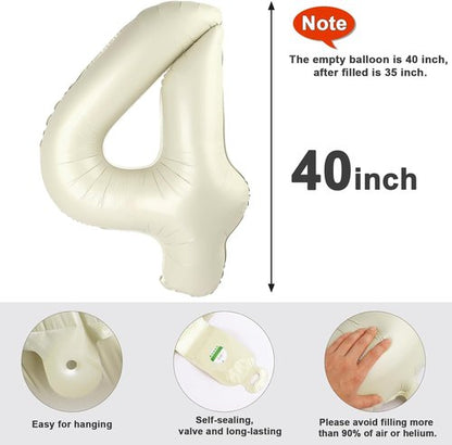 40 Inch Large Number Balloons - Cream White 4 for Birthday Parties, Graduations & Weddings