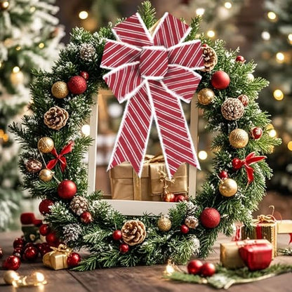 Luxury Red & White Frayed Edge Christmas Wreath Bow - Style D, Extra Large 11.42x20.87 Inches