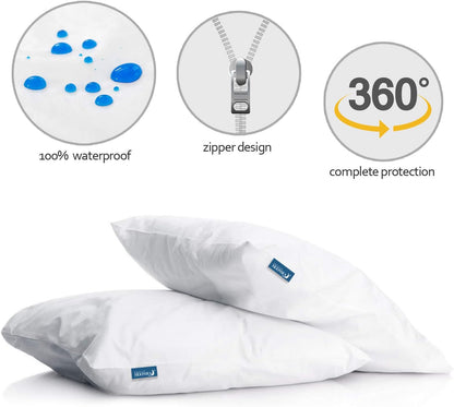 Skiennix Waterproof Pillow Case Protector - Zippered Encasement Covers | 4 Pack, Standard Size 20 x 26 Inch, White