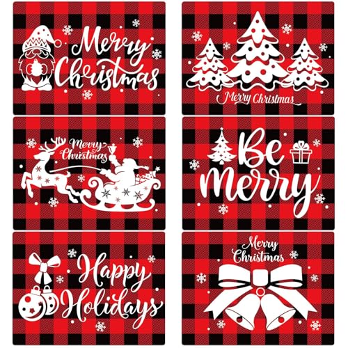Christmas Placemats Set of 6 Red and Black Plaid Plastic Table Mats - Holiday Table Decor