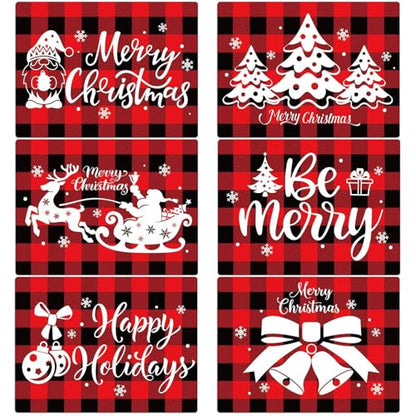 Christmas Placemats Set of 6 Red and Black Plaid Plastic Table Mats - Holiday Table Decor