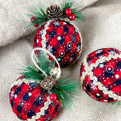 9 Pcs Black and Red Plaid Fabric Christmas Tree Ornaments - Holiday Decor