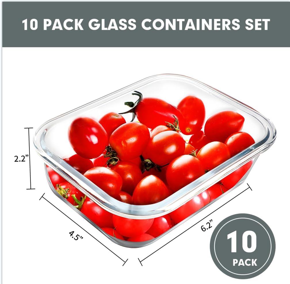 VERONES 22 OZ Glass Meal Prep Containers - Airtight BPA-Free Lunch Set | 10 Pack, Microwave & Oven Safe, Grey