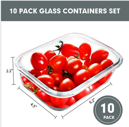VERONES 22 OZ Glass Meal Prep Containers - Airtight BPA-Free Lunch Set | 10 Pack, Microwave & Oven Safe, Grey